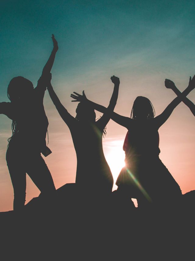 people with arms in air in front of sunset