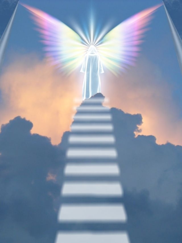 angel of divine guidance leading up towards steps
