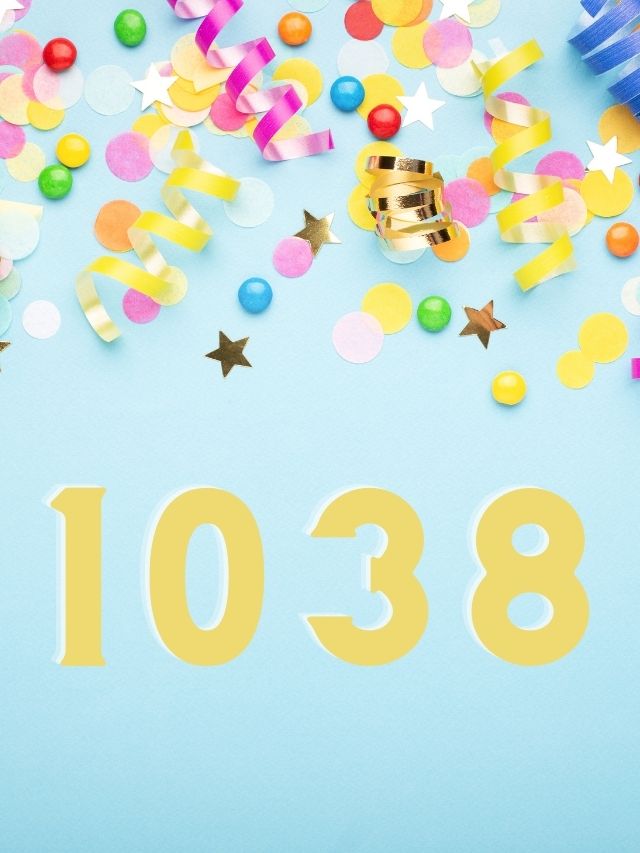 1038 angel number on confetti birthday background
