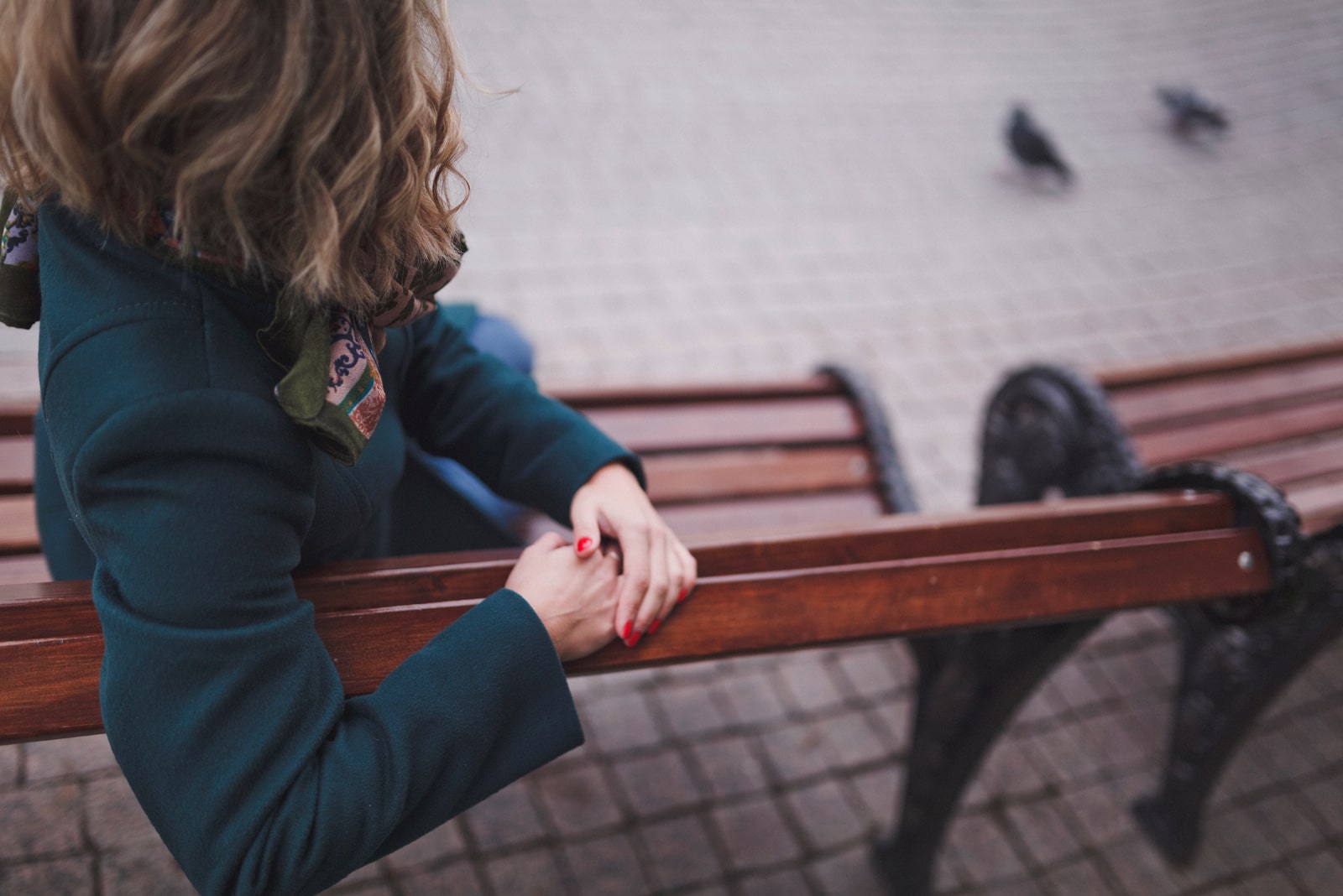 woman sitting on the bench and watching urban birds