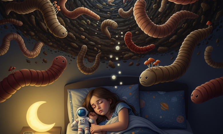 A girl is having a dream about worms.