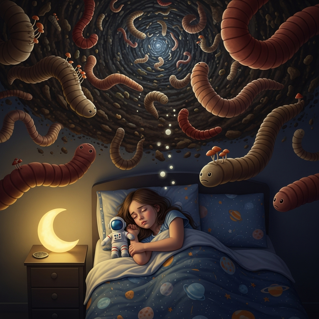 A girl is having a dream about worms.
